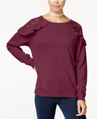 Self Esteem Juniors' Ruffled Lace-Trim Cold-Shoulder Sweatshirt
