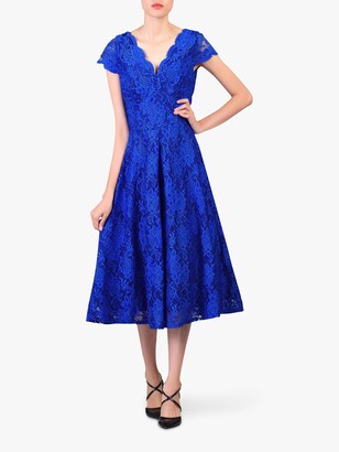 Jolie Moi Cap Sleeve V-Neck Lace Dress, Royal Blue