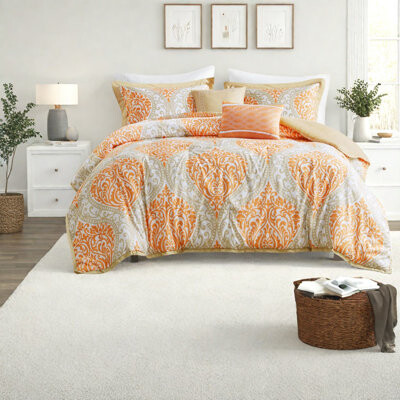 Jaxpety Large Damask Bedding Sets Soft Microfiber Modern Orange Design For Bedroom Decor