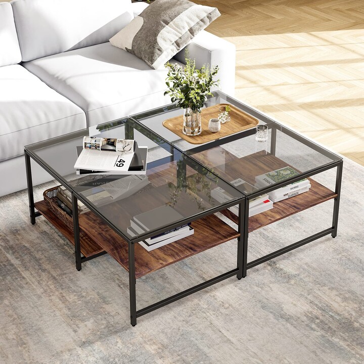EPOWP 2in 1 Glass Wood Coffee Table with 2Tier Staggered Shelves