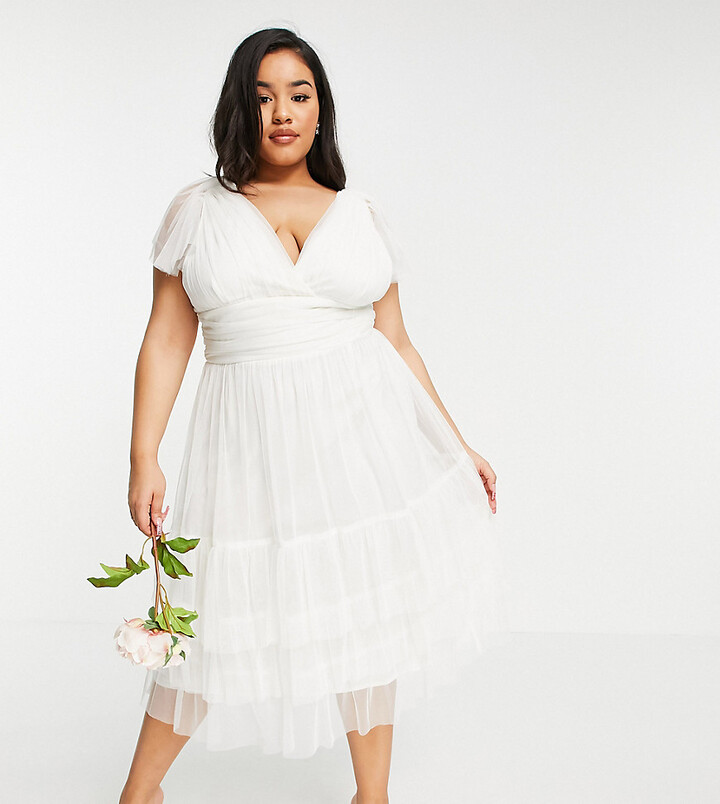 Anaya Plus Love Plus flutter sleeve hem midi dress in white - ShopStyle