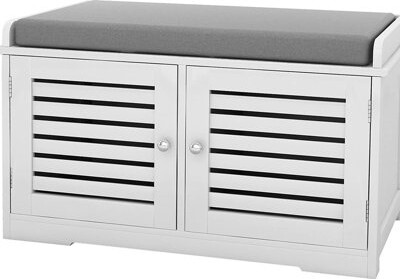 2 Barn Doors Shoe Storage Bench With Cushioned Seat - White Home Decor Padded Entryway Essentials
