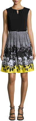 Ellen Tracy Floral-Patterned Fit-and-Flare Dress, Black/White/Yellow