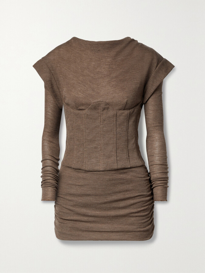 LaQuan Smith Ruched Wool Mini Dress - Brown