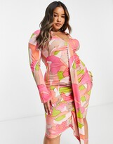 Thumbnail for your product : ASOS Curve ASOS DESIGN Curve sash ruche front shirt midi dress in pink abstract print