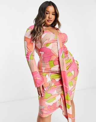 ASOS Curve ASOS DESIGN Curve sash ruche front shirt midi dress in pink abstract print