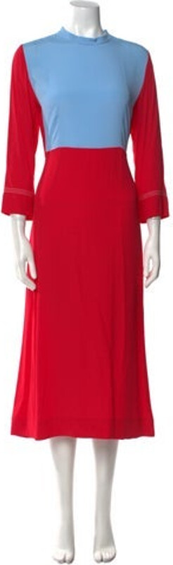 Marni A-Line Dress Red Colorblock Pattern Three-Quarter Sleeve with Mock Neck Concealed Zip Closure at Back Designer