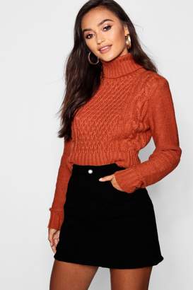boohoo Petite Roll Neck Cable Knit Crop Sweater