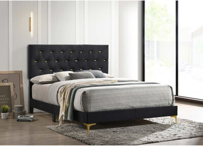 Lexie Black/Gold Diamond Tufted Eastern Panel Bed