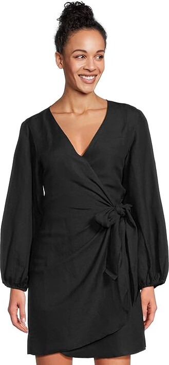 Tommy Bahama Stamped Lucia Wrap Dress Women's Dress Black : LG (US 12-14), Linen/Viscose