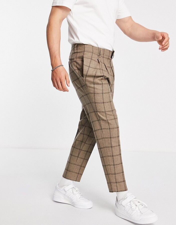 ASOS DESIGN tapered cropped wool mix smart pants in camel check - ShopStyle