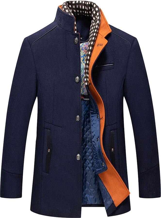 KTWOLEN Men's Wool Coat Mid-Length Trench Coat Stand Collar
