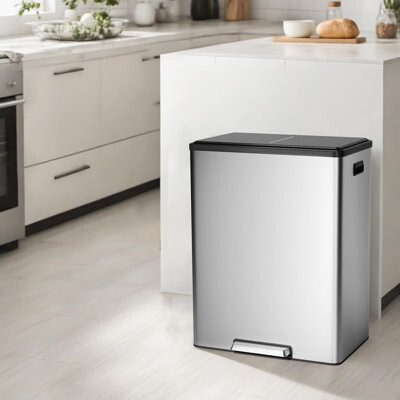 Yuan Home Stainless 60L (16 Gallon) Trash Can Dual Compartment Recycling Kitchen Trashcan Odor Control Hands-Free Commerical Trash Can with Soft-Close Lid f