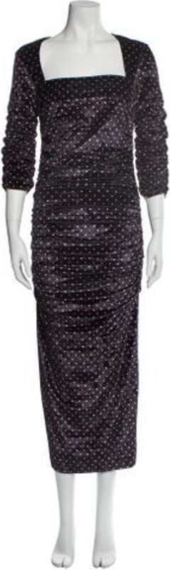 Ganni Velvet Sheath Dress Grey Ruffle Embellishment Three-Quarter Sleeve with Square Neckline Concealed Zip Closure at Back Designer