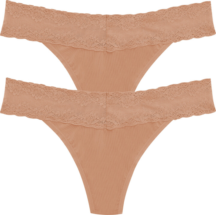 Natori Bliss Perfection Lace Trim One Size Thong 2-Pack