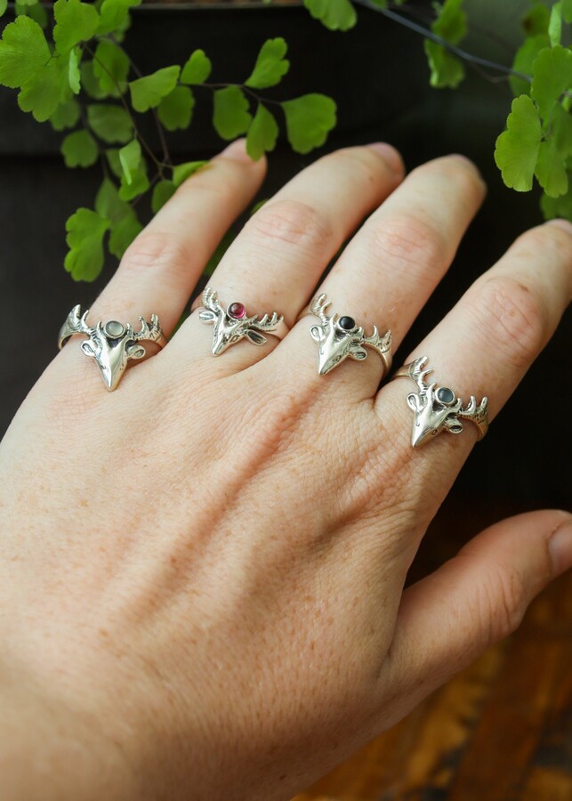 Buck Antler Ring | Sterling Silver Stag With Gemstone Onyx Chalcedony Garnet Labradorite Fairycore Elven Fantasy Whimsical Animal Horn