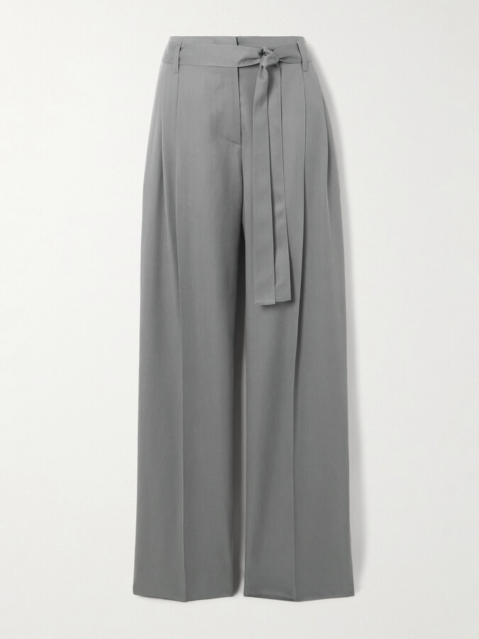 The Row - Lonan Belted Pleated Silk Straight-leg Pants - Gray