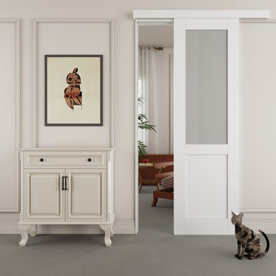 Win Stellar 80" Hidden Style Track Frosted Half Glass And Manufacture Wood Sliding Barn Door With Hardware Kit（No Assembly Required）