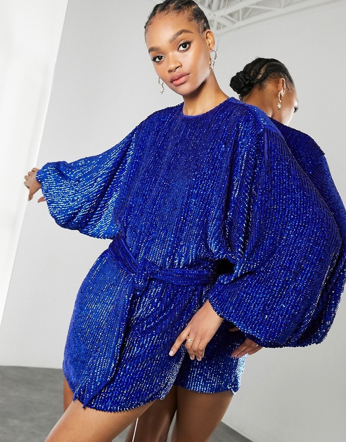 ASOS EDITION oversized blouson sleeve mini dress in royal blue sequin -  ShopStyle
