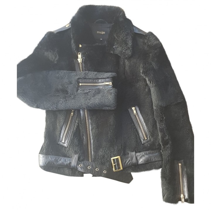 Maje Black Rabbit Leather jackets - ShopStyle