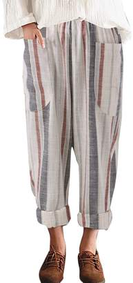 Simgahuva Women Cotton and Linen Harem Pants Stripes Elastic Waist Cropped L