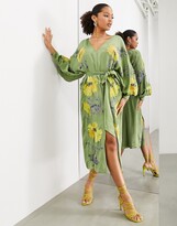 Thumbnail for your product : ASOS EDITION embroidered satin belted v neck midi dress in olive green