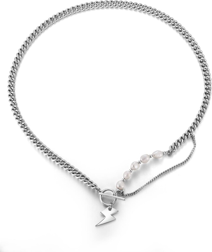 PHNIBIRD Mens Pearl Necklace with Cuban Link Chain Baroque Pearls with