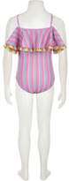 Thumbnail for your product : River Island Girls pink bardot stripe frill swimsuit