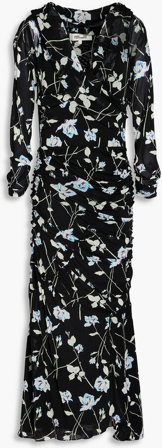 Diane von Furstenberg Ganesa off-the-shoulder ruched floral-print stretch-mesh midi dress
