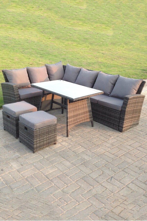 Fimous High Back Rattan Corner Sofa Set Dining Table Outdoor Furniture
