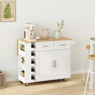 White Kitchen Cart - 2 Cabinets, Drawers, Advantageous Spice Rack, Towel Holder, Charming Wine Foldable Rubberwood Table Top Useful Delightful