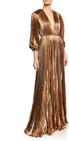 Thumbnail for your product : J. Mendel Blouson-Sleeve V-Neck Pleated Lame Gown