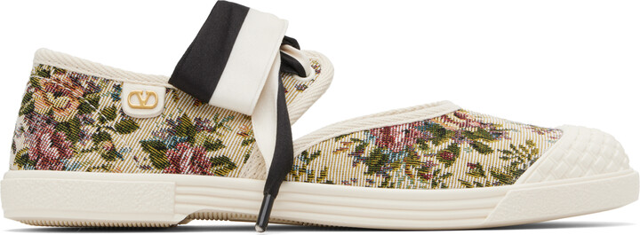 Valentino Garavani Beige Bow Floral Jacquard Sneakers