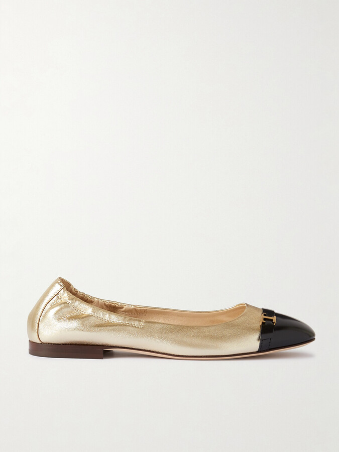 Tod's Embellished Glossed And Metallic Leather Ballet Flats - Gold