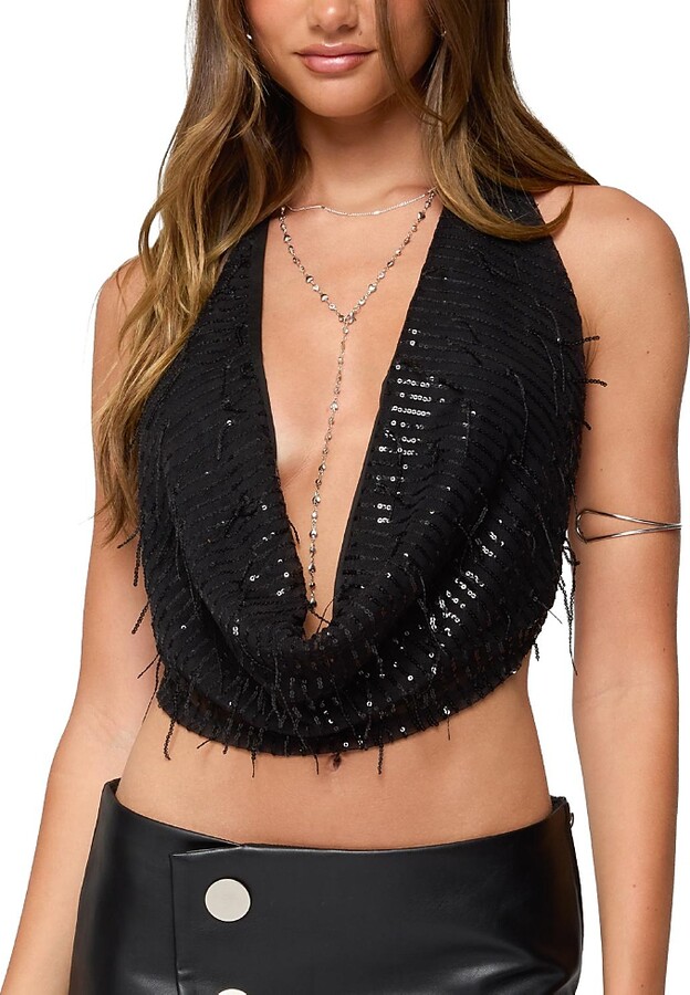 Edikted Fringed Sequin Backless HalterTop