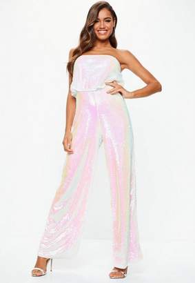 Missguided White Iridescent Sequin Layered Jumpsuit, White