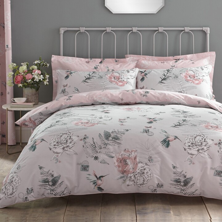 Dunelm Heavenly Hummingbird Grey & Blush Duvet Cover and Pillowcase Set