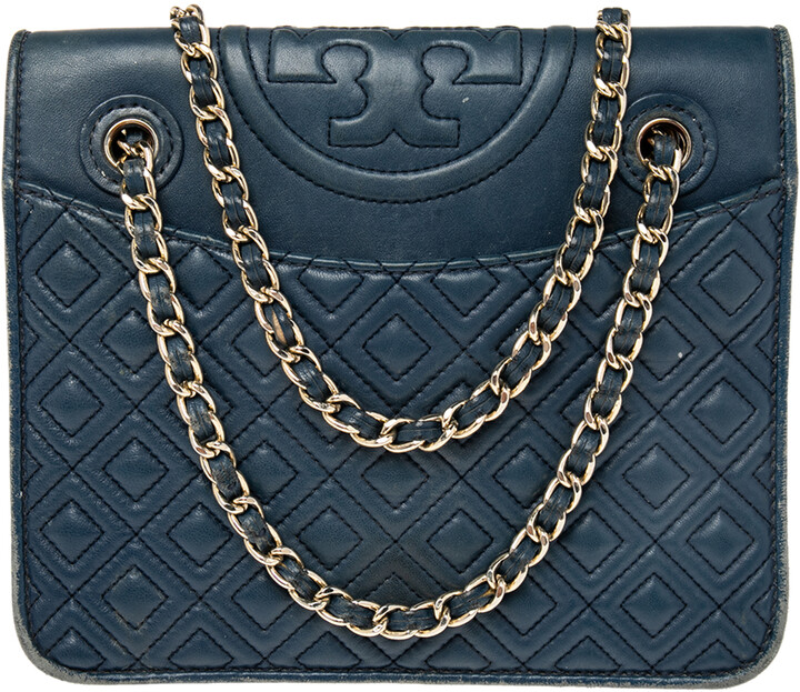 Tory Burch Blue Leather Medium Fleming Shoulder Bag - ShopStyle
