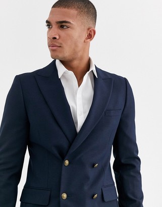 ASOS DESIGN skinny double breasted blazer with gold button in navy -  ShopStyle
