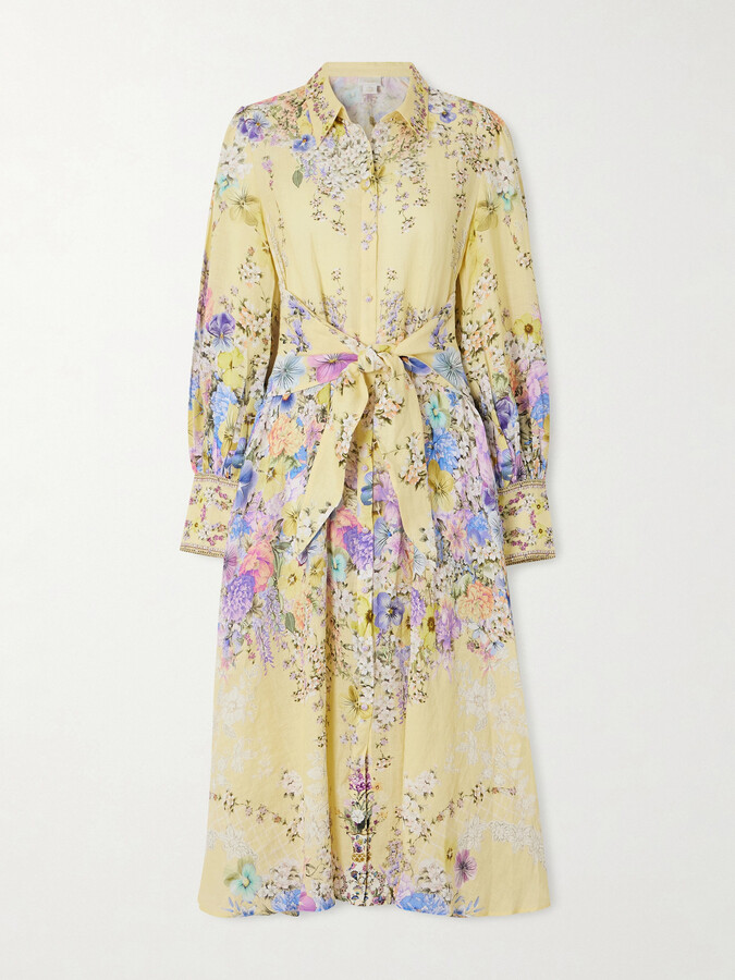 Camilla Crystal-embellished Floral-print Silk And Linen-blend Midi Shirt Dress - Yellow