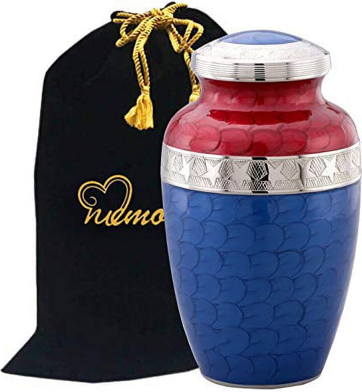 MEMORIALS4U American Honor and Glory Cremation Urn - Large Solid Brass Red and Blue Star Veteran Urn - Adult Handcrafted Affordable American Flag Urn for Ashes with Free Bag
