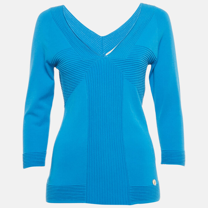 Versace Blue Textured Stretch Knit V-Neck Pullover L