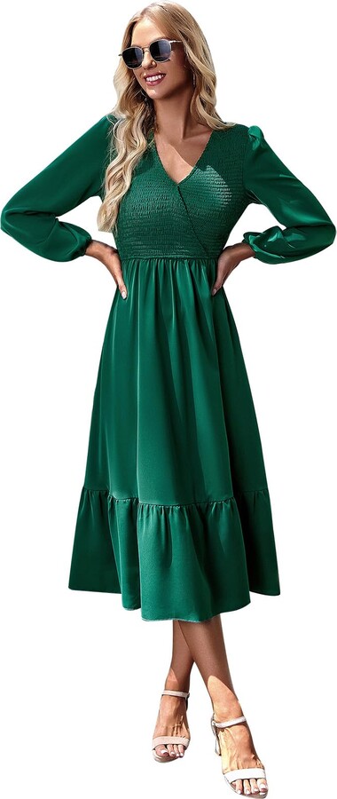 IWEMEK Fall Winter Women Long Sleeve Wrap V-Neck Empire Waist Smocked ...