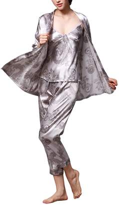 Dolamen Women’s Nighties Satin Pyjamas Set, Ladies Silky Nightwear Flower Printing Chemise Long