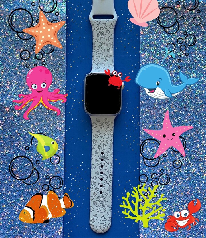 Ocean Life Watch Band 38mm 40mm 41mm 42mm 44mm 45mm S/M M/L Series 1, 2, 3, 4, 5, 6, 7, 8, 9 Silicone Engraved Sea Animal Watchband Replacement