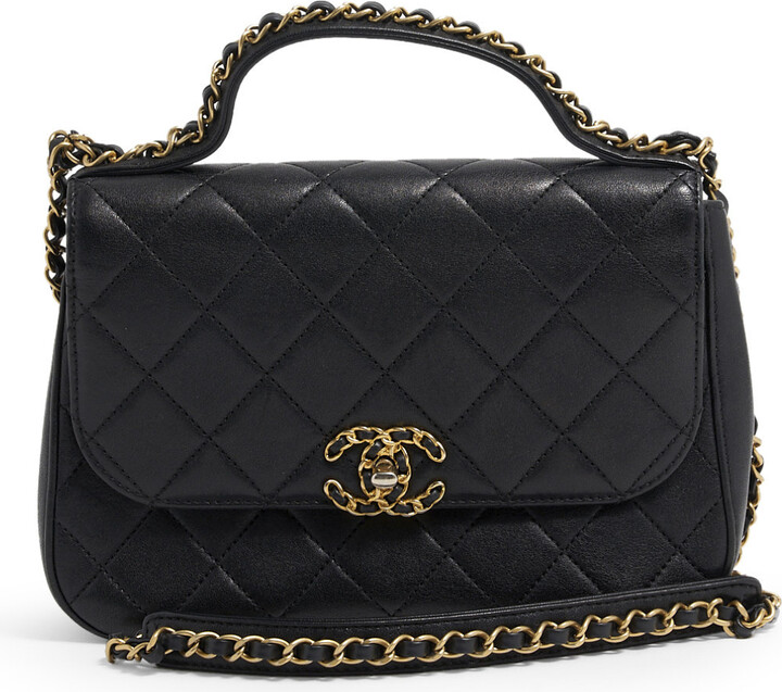 CHANEL Lambskin Quilted Small Chain Infinity Top Handle Flap Black