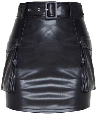 PrettyLittleThing Black Faux Leather Belted Cargo Pocket Mini Skirt