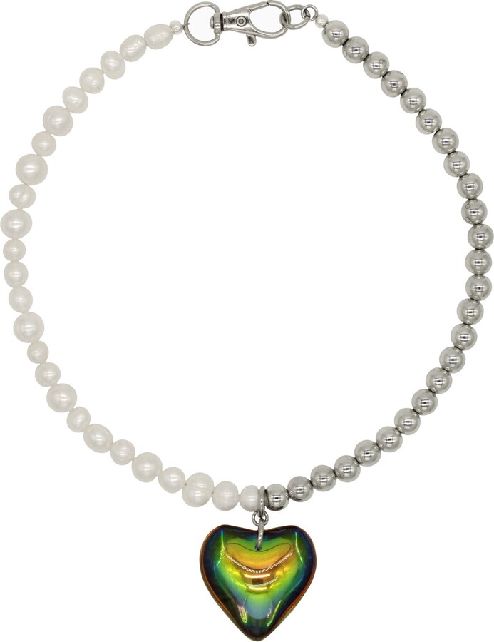 Velvet Luna Freshwater Pearl And Steel Bead Necklace With Heart Charm