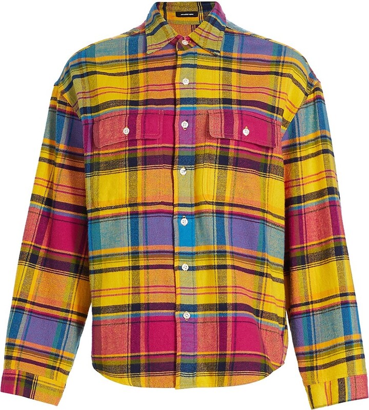 R 13 Women's Plaid Cotton Long-Sleeve Shirt Rainbow Plaid Size