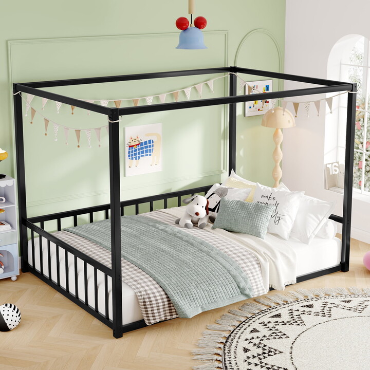 Miniyam Full Size Metal Canopy Floor Bed with Safety Guardrails for Kids and Teens, Black